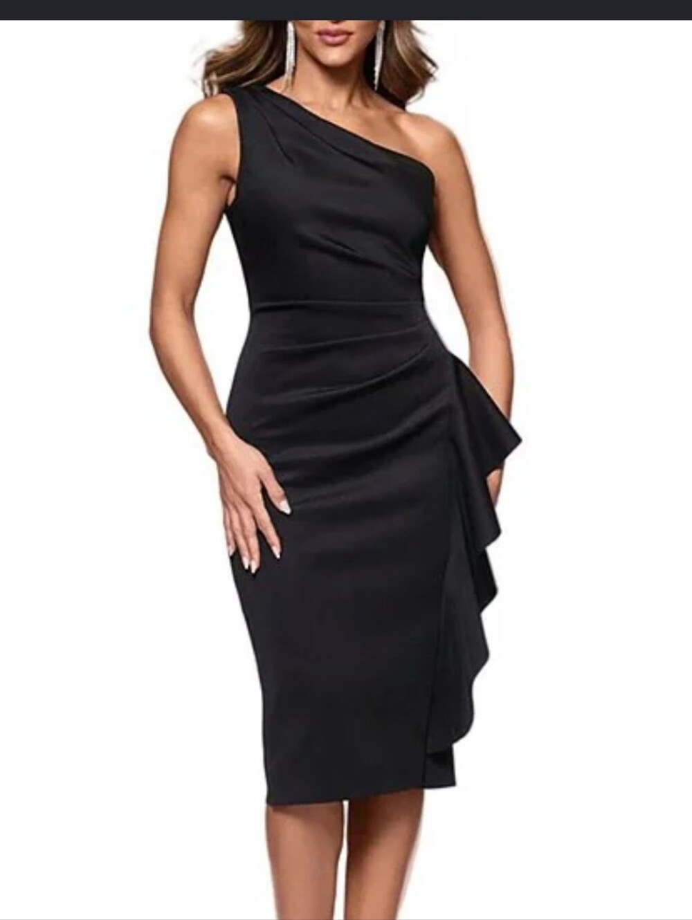 Xscape Black One Shoulder Ruffle Cocktail Dress Size 4P NWT $209 Party